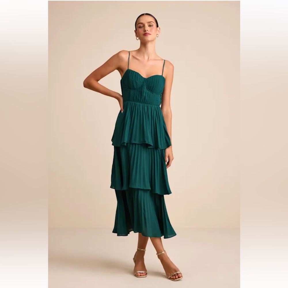 Lulus Cascading Crush Emerald Tiered Bustier Midi Dress - Picture 4 of 9